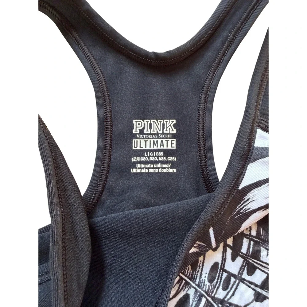 PINK Victoria's Secret Sports Bra Women Large Black Tropical Palm Rainbow Stripe